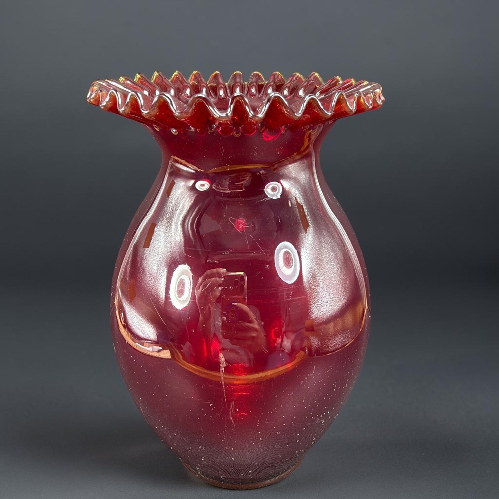Ruby Red Glass Vase Crimped Ruffled Rim 8 Inch Decorative Centerpiece Art Glass